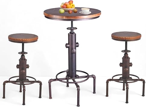 Topower Aged Antique Vintage Industrial bar Stool and Table Set Cafe Coffee Industrial Bar Bistro Set of 2