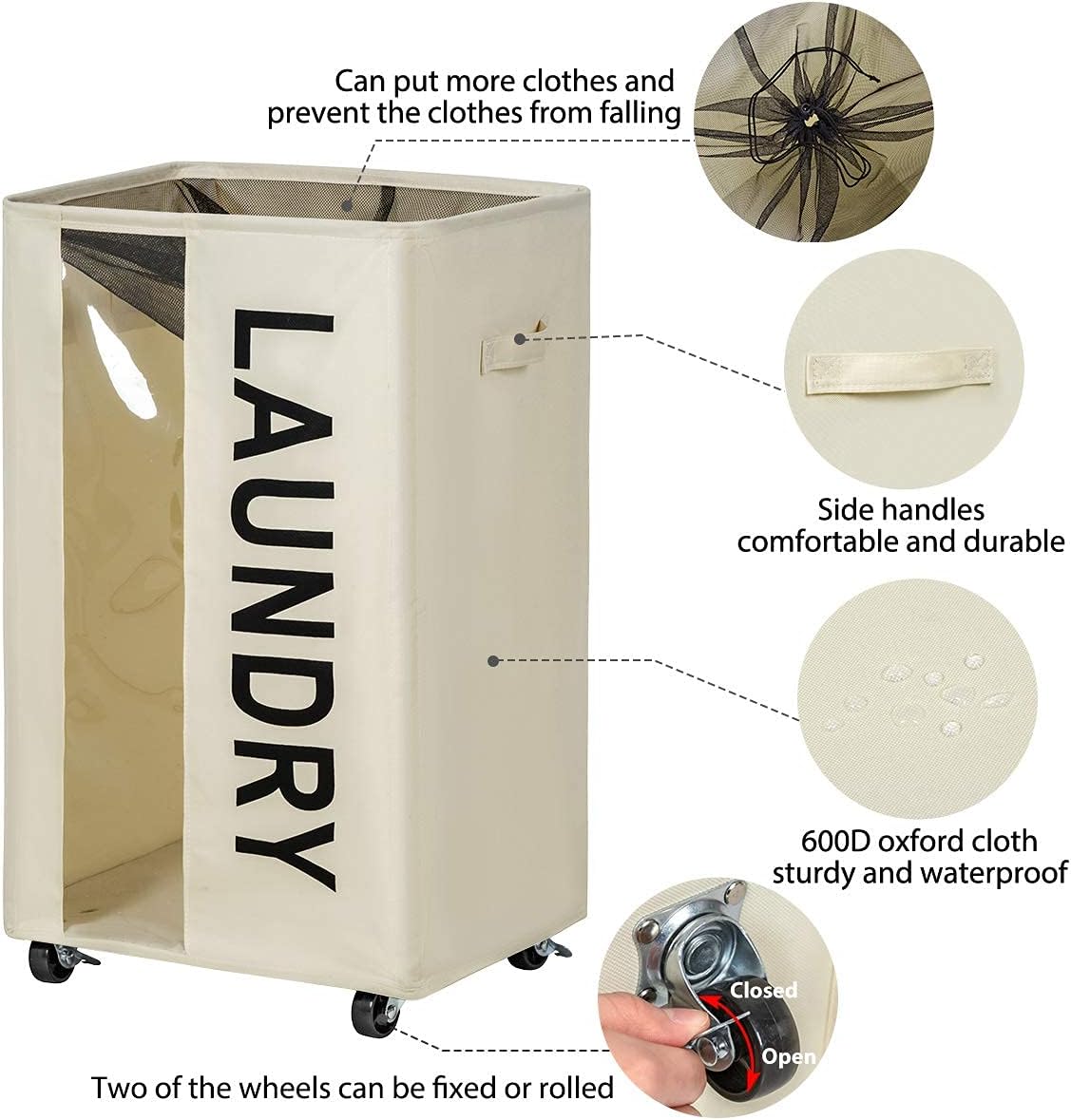 WOWLIVE 90L Rolling Laundry Hamper Large Laundry Basket Wheels Collapsible Clothes Hamper with Clear Window Carry Handles Rectangular Laundry Basket Bin 16"X12"X28"(Beige)