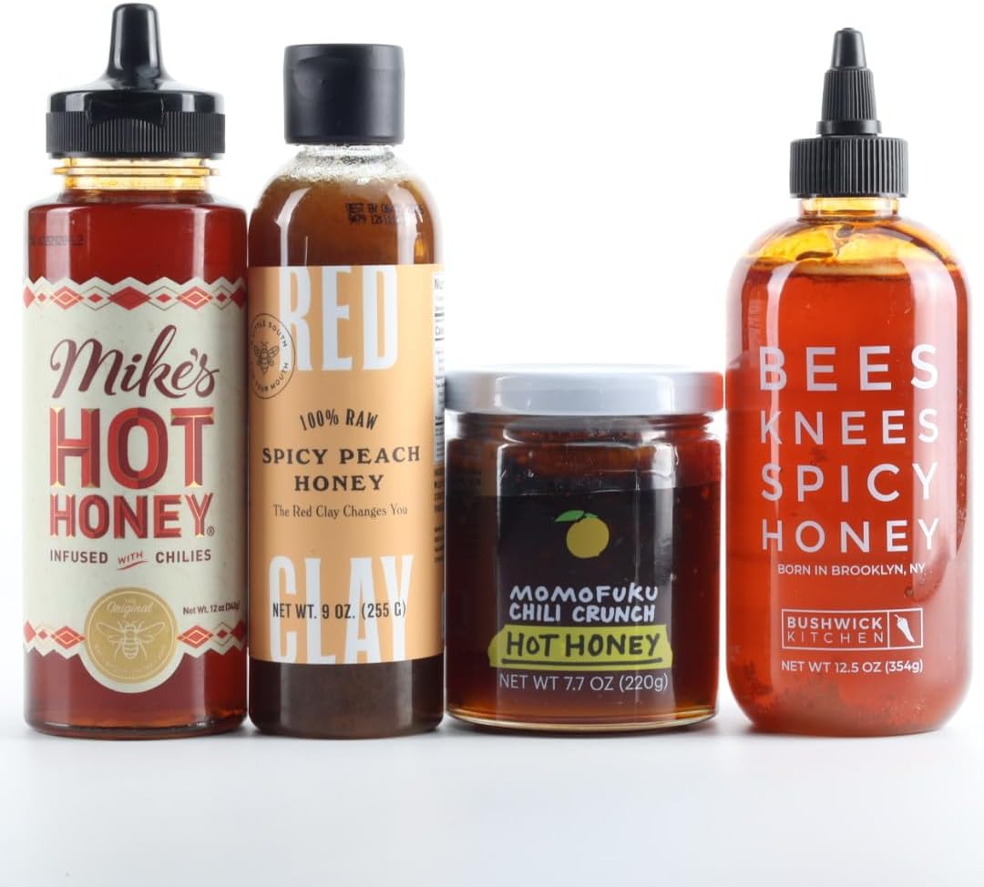 Sauceology - Hot Honey Collection - 4 of the most popular and unique hot honey - Mikes Hot Honey, Momofuku Hot Honey Chili Crunch, Bushwick Kitchen bees knees spicy honey and Red Clay Peach Infused Hot Honey