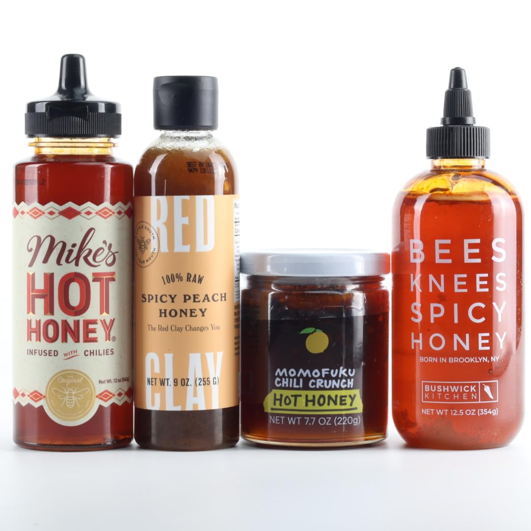 Sauceology - Hot Honey Collection - 4 of the most popular and unique hot honey - Mikes Hot Honey, Momofuku Hot Honey Chili Crunch, Bushwick Kitchen bees knees spicy honey and Red Clay Peach Infused Hot Honey