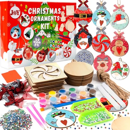 GuassLee DIY Christmas Tree Ornaments Set - Wooden Unfinished Christmas Crafts with Crystal Christmas Patterns for Kids Crafting Painting Christmas Winter New Year Party Hanging Decorations