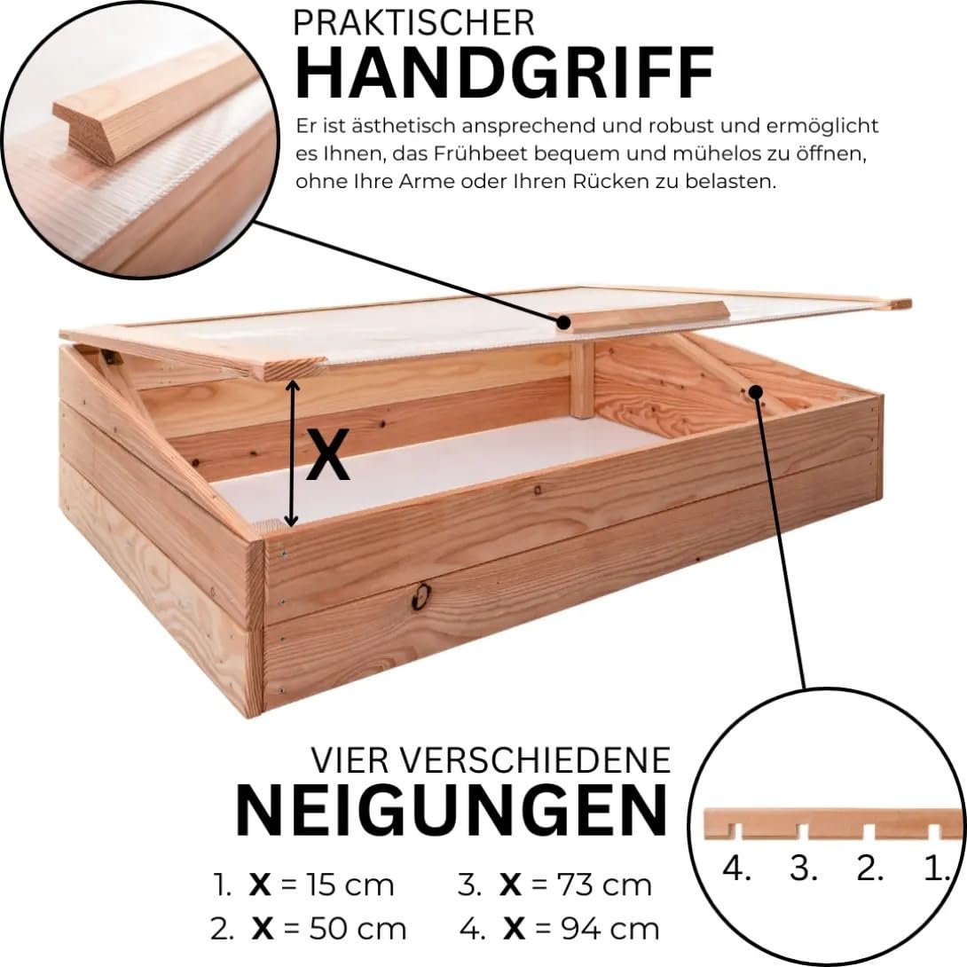 Mega Holz Premium Frühbeet 116x76x30 cm aus europäischer Lärche mit Klappdeckel - Wetterfest - Polycarbonat-Fenster - Hochbeet-Aufsatz aus Holz, kompatibel mit Hochbeet, für Garten, Balkon & Terrasse
