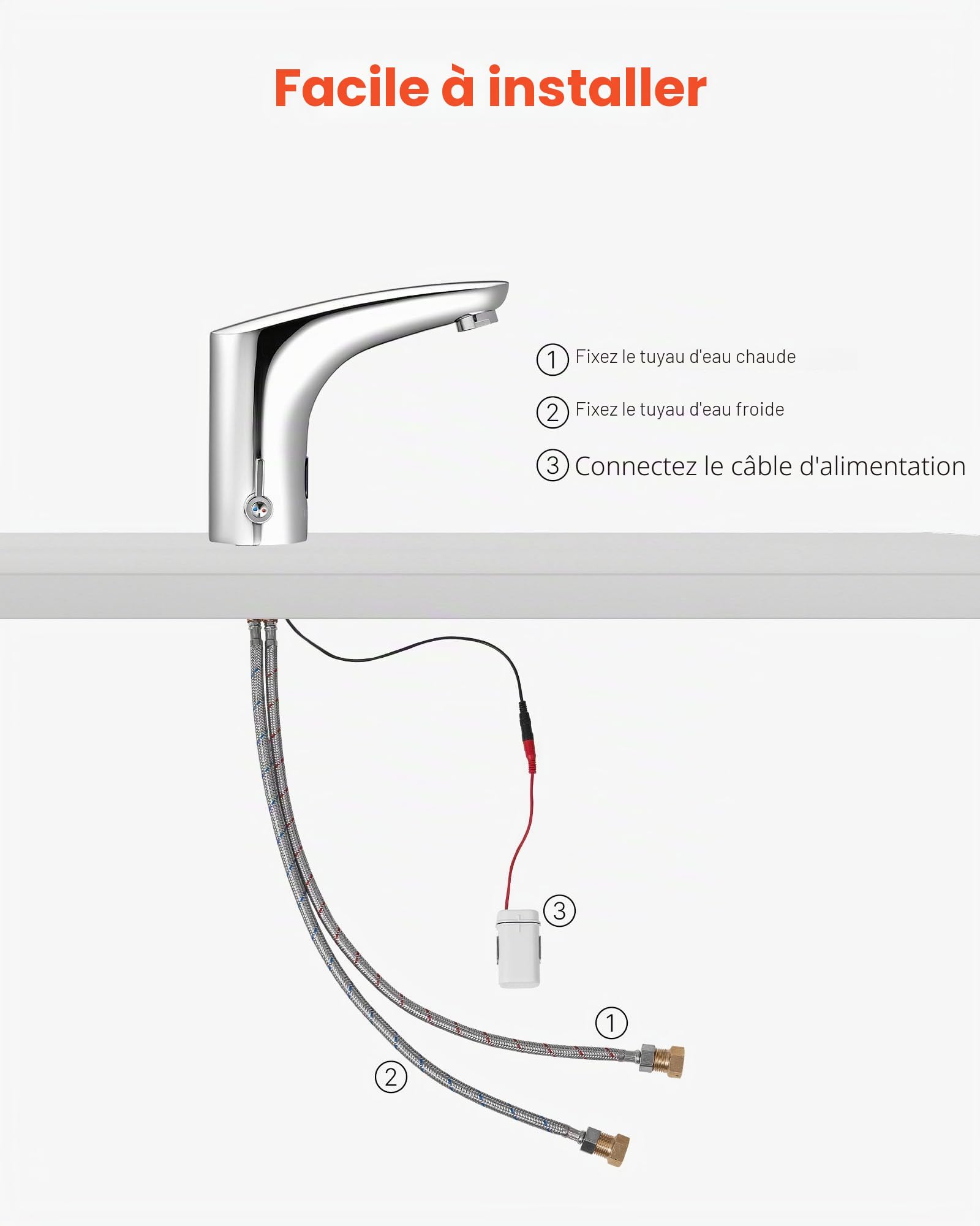 VEVOR Mitigeur Automatique sans Contact, Robinet à Capteur de Lavabo, Mélangeur d’Eau Chaude et Froide Réglable Mains Libres, à Piles, pour Tuyau 9,5 mm, Bar Cuisine Salle de Bain, Chromé Argent
