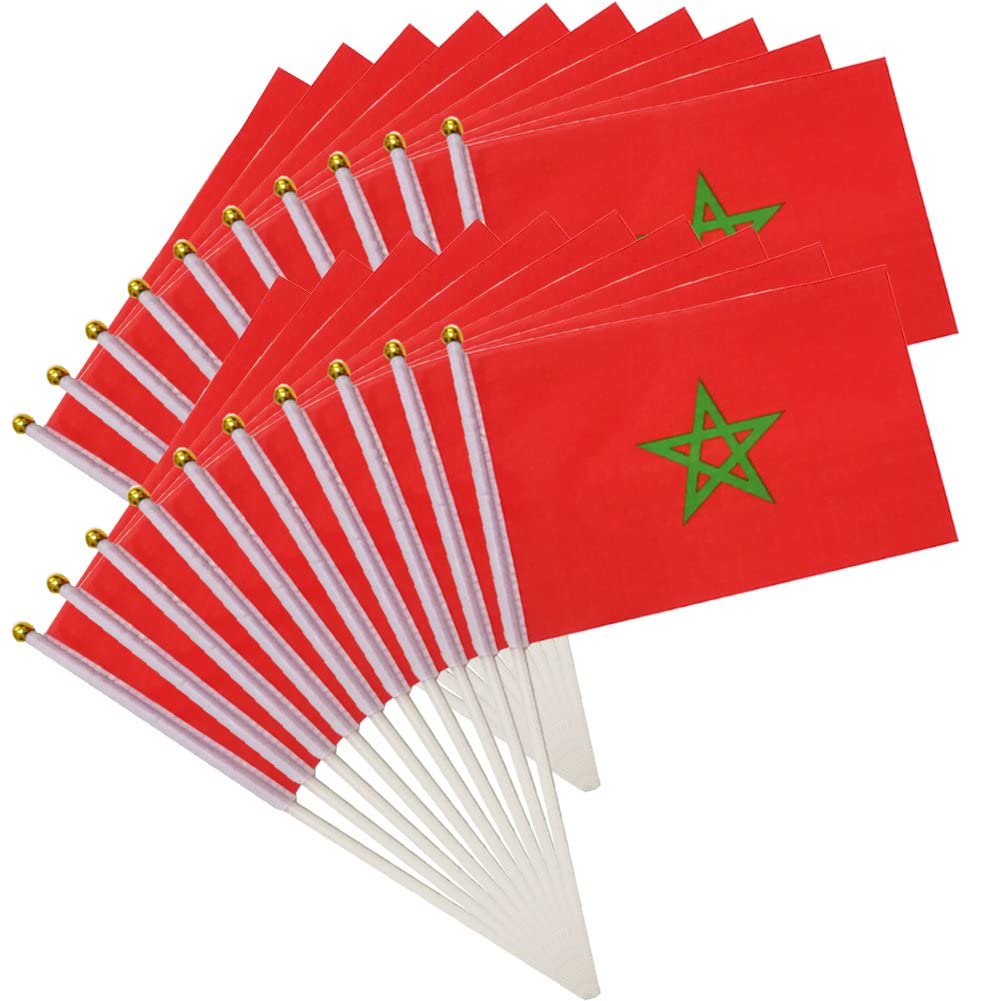 Haowul Red Hand Held Mini Flag 20Pcs Small Morocco Stick Flag Polyester Country National Printing Flag For Parades Sports Events
