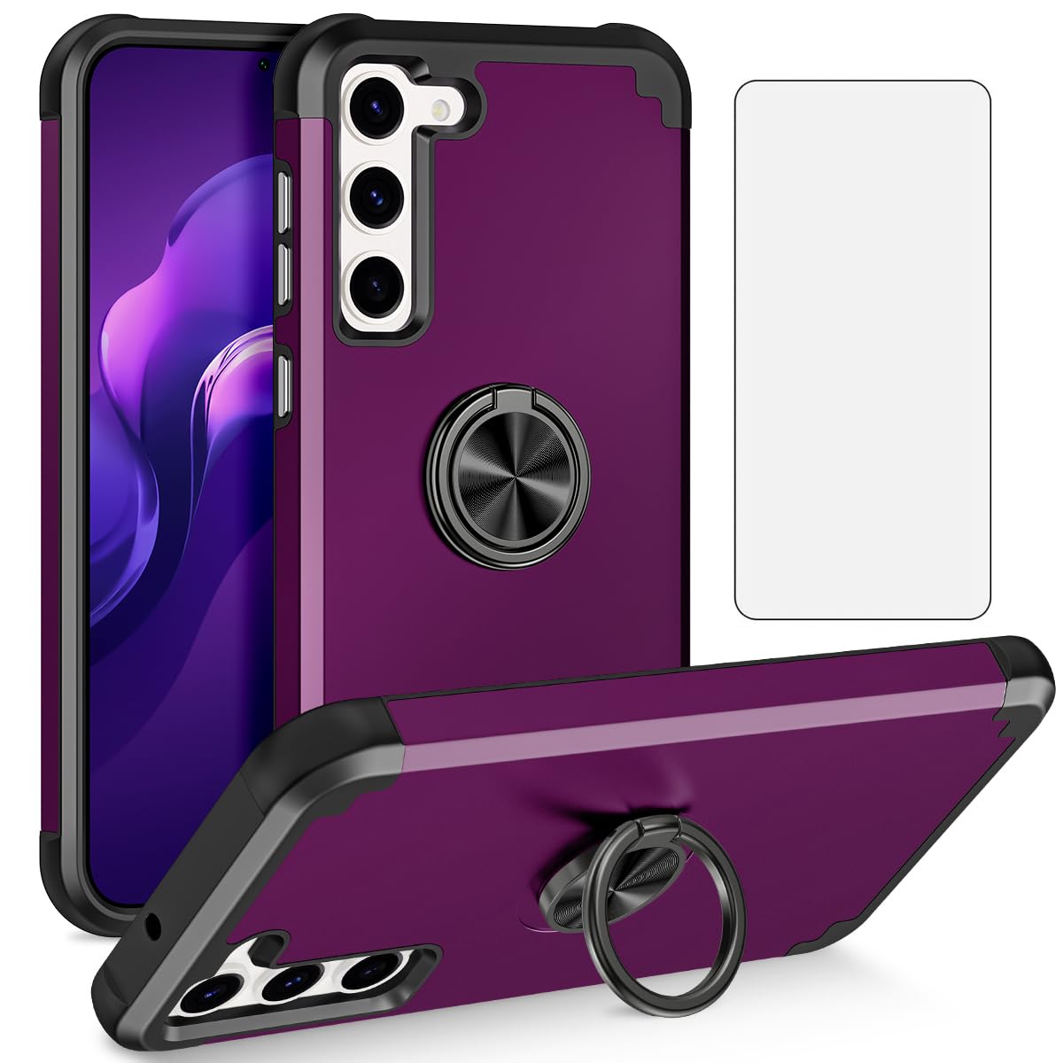 Asuwish Phone Case for Samsung Galaxy S23 Plus S23+ 5G with Tempered Glass Screen Protector Cover and Magnetic Ring Holder Stand Cell S23plus 23S + S 23 23+ SM-S916U SM 6.6 inch Women Men Dark Purple