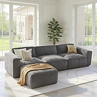 Amada 110" Cloud Modular Sectional Sofa with L-Shaped Chaise & Movable Ottoman, Deep Seat Boneless Couch, No Assembly, Grey Corduroy