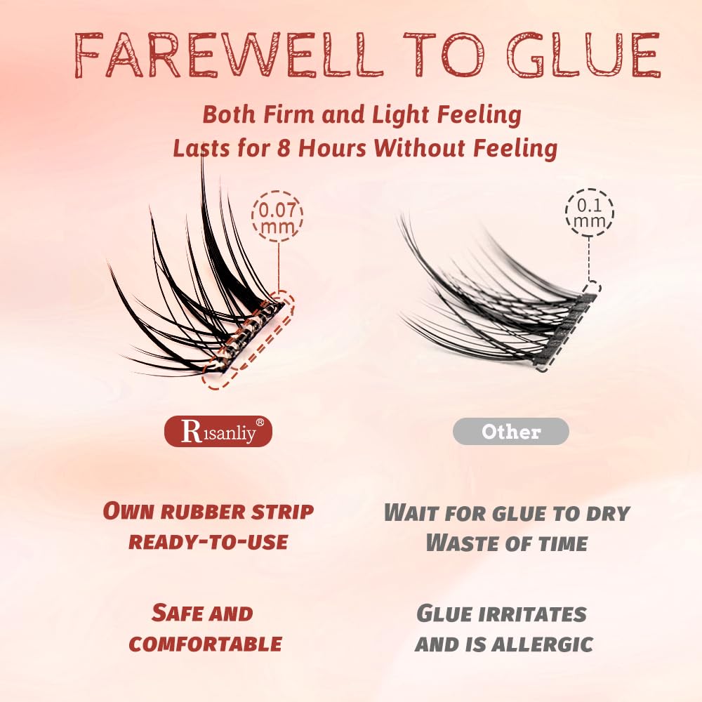 Risanliy Self Adhesive Eyelashes No Glue Lash Clusters Dense, 10-16mm Lash Extension Sticking Eyelash Clusters 36pcs Reusable Easy Paste (36Pcs - Fox)
