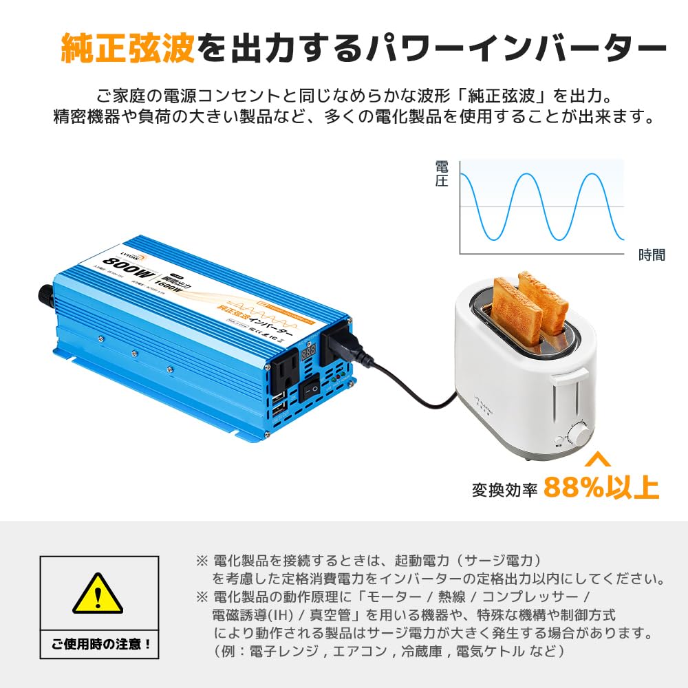 Amazon.co.jp: LVYUAN 正弦波インバーター 12V/800W(瞬間1500W) DC12V