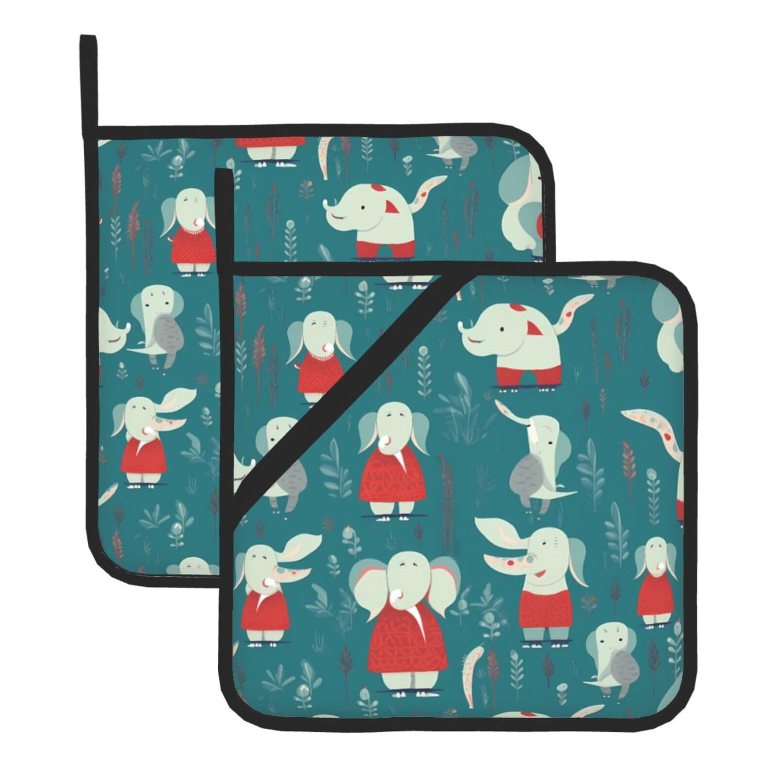 HJFCZH Elephant and White Rabbit Printed Square Insulated Pot Mat Set (2-Piece) 8x8in Waterproof, Thickened & Easy to Clean with Lanyard Design for Kitchen, Oven & BBQ