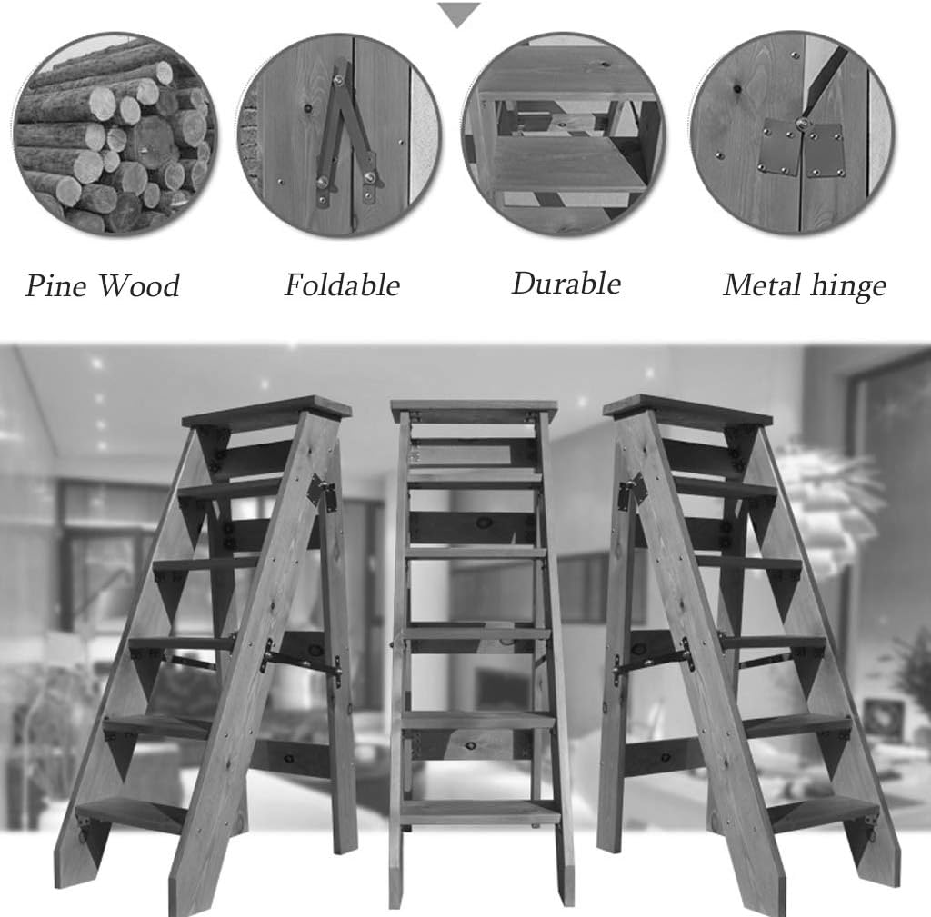 Moveable 6 Steps Stepladder Multifunction Wooden Ladder Stool Folding Stairs Chair for Living Room/Kitchen/Balcony/Courtyard,Height 120cm,Load Bearing 150kg