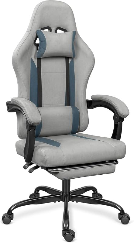 Breathable Fabric Gaming Chair with Footrest - Light Grey/Blue | 90°-135° Recline, 18.5”-22.4” Height Adjust, Breathable Fabric, Footrest for Rest, for Gaming/Office, 15 Min Assembly