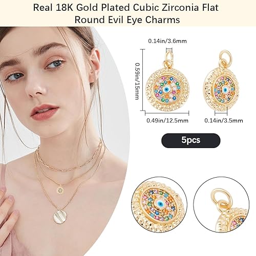 Miniatura 16 de Beebeecraft 5Pcs/Box Evil Eye Charms 18K Gold Plated Brass Flat Round with Blue Cubic Zirconia Turkish Evil Eye Pendants Jewelry Making Findings for