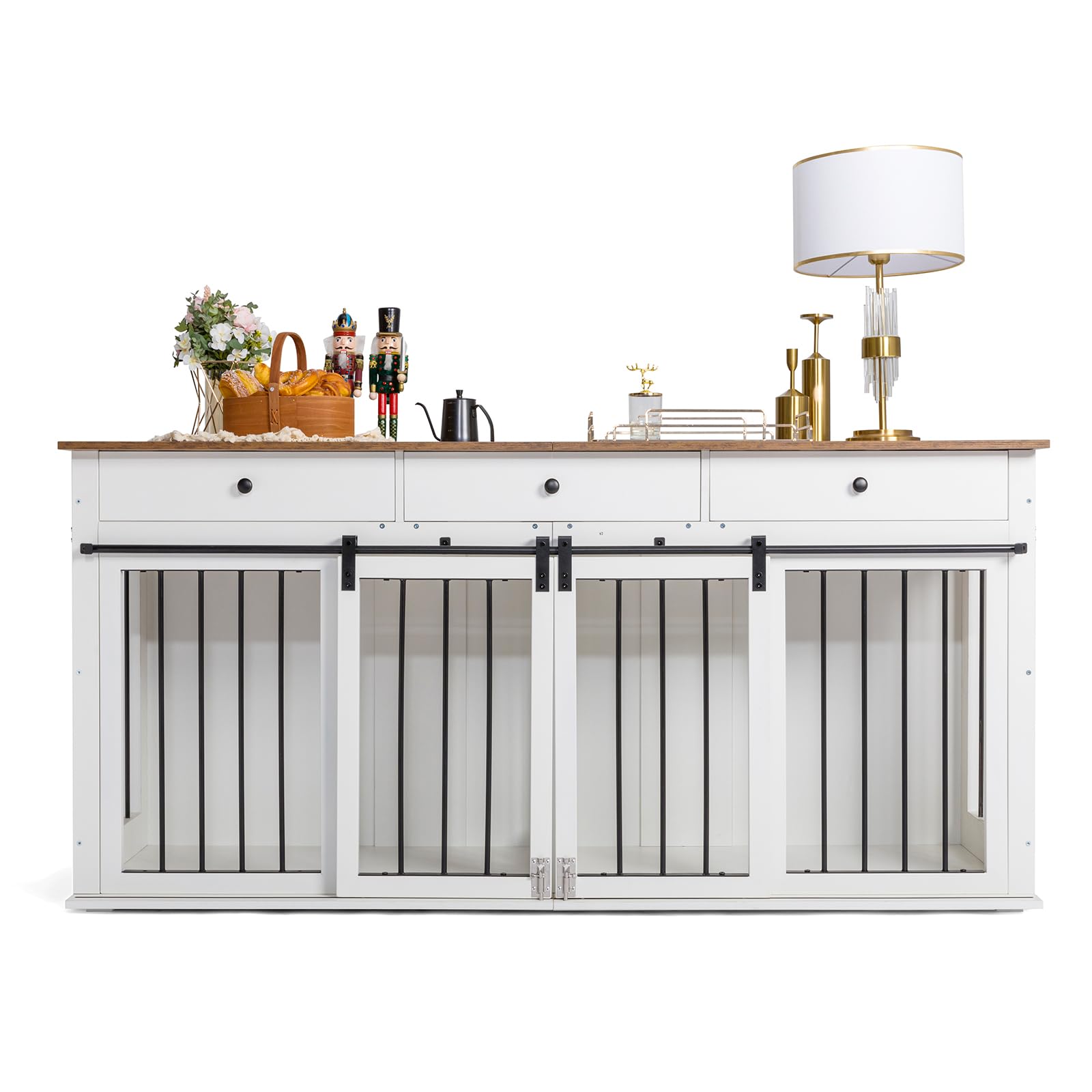 Scurrty 72'' Dog Crate Furniture, Wooden Dog Kennel Furniture with 3 Drawers, XXL Heavy Duty Dog Crate with Double Doors TV Stand for Large Medium Small Dogs Indoor, White