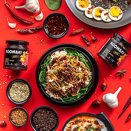 Image of BOOMBAY Timur Peppercorns Chilli Crisp (190g) |Spicy, Crunchy Topping | Plant-Based, Zero Sugar, Cold-Pressed Oils, Clean Label |Use as a Topping for eggs, Noodles, Dip for Dumplings, and as a Stir Fry