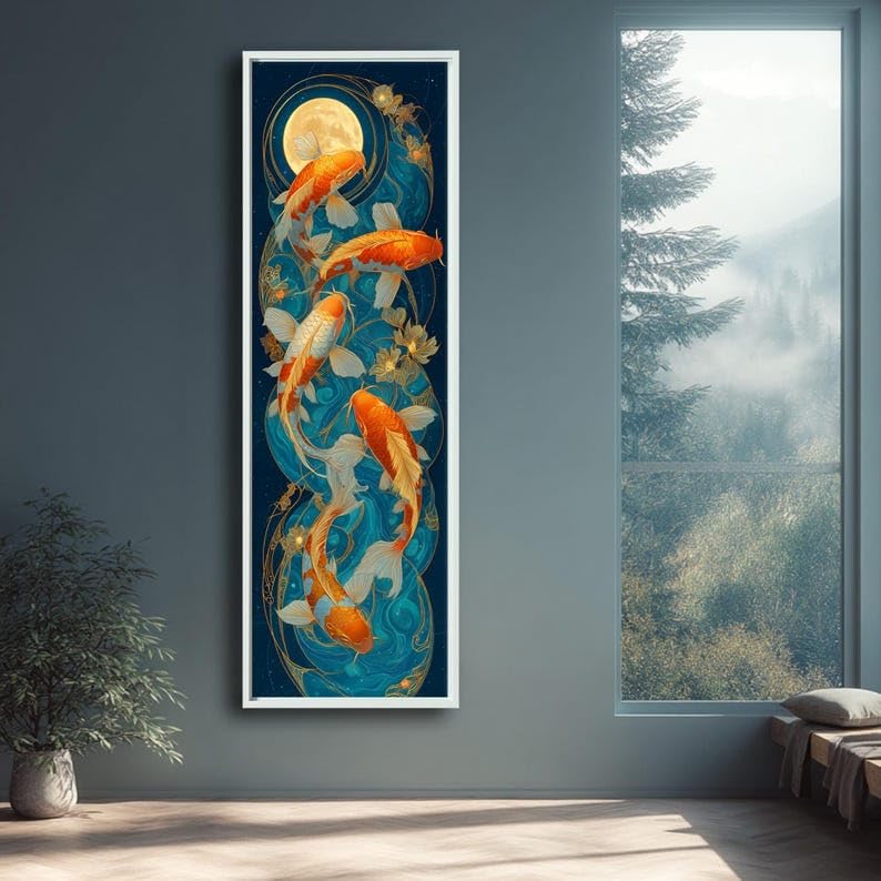 Tableau carpes koï lune bleu or décoration murale salon 60x180