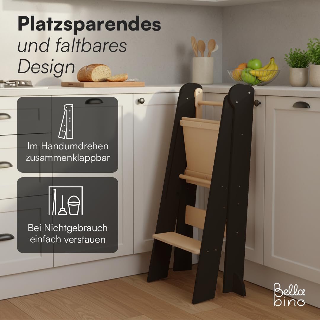 Bellabino Tay Lernturm ab 1 Jahr – Learning Tower 2-Fach höhenverstellbar & klappbar – Lernstuhl in Grau/Natur für Kinder – Montessori Stehturm aus Birkenholz – sicherer Tritthocker mit Kippschutz