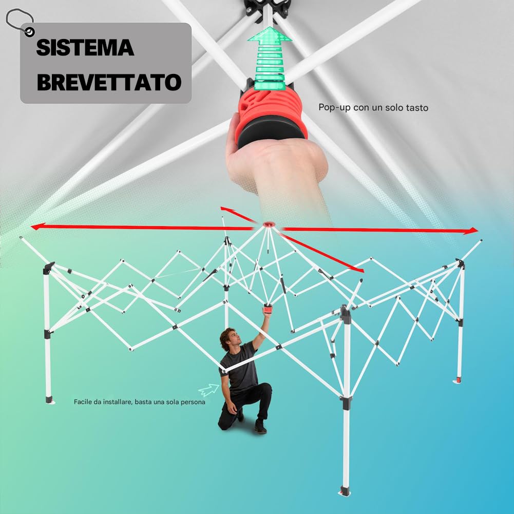BAKAJI Gazebo Pieghevole One touch 3.6 x 3.6 M, Rivestimento in PU Anti UV e Antipioggia, Struttura Acciaio Resistente Intemperie, Borsa con Ruote e Accessori, Ideale per Giardino, Esterno, Terrazzo