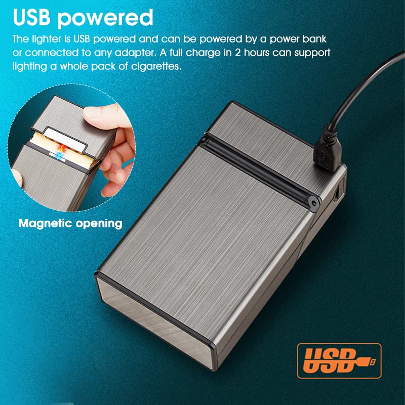 Image of GUSTAVE Cigarette Case with USB Electric Lighter for Men, Portable Cigarette Box, Rechargeable Flameless Lighter, Holds 20 Cigarettes, Plastic Material, Brushed Aluminum Finish (Black)