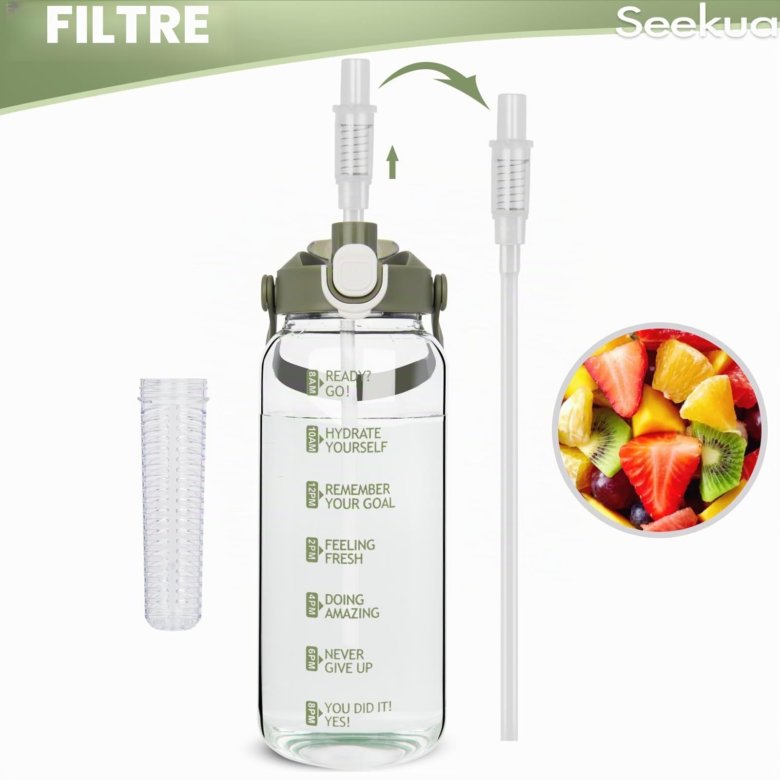 2l Sport Gourde Verre avec Paille & Infuseur à Fruits 2 litres grande Bouteille d'eau Verre avec Marqueur de Temps & Heure de Motivation