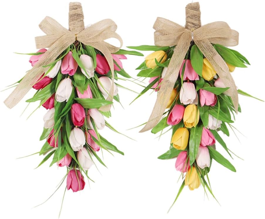 2 Pcs Artificial Tulips Teardrop Swag for Front Door,18 in Spring Floral Swags Wreath with Colorful Tulips,Green Leaves and Burlap Bows,Spring Summer Teardrop Wreath,Wedding Decorative Swag
