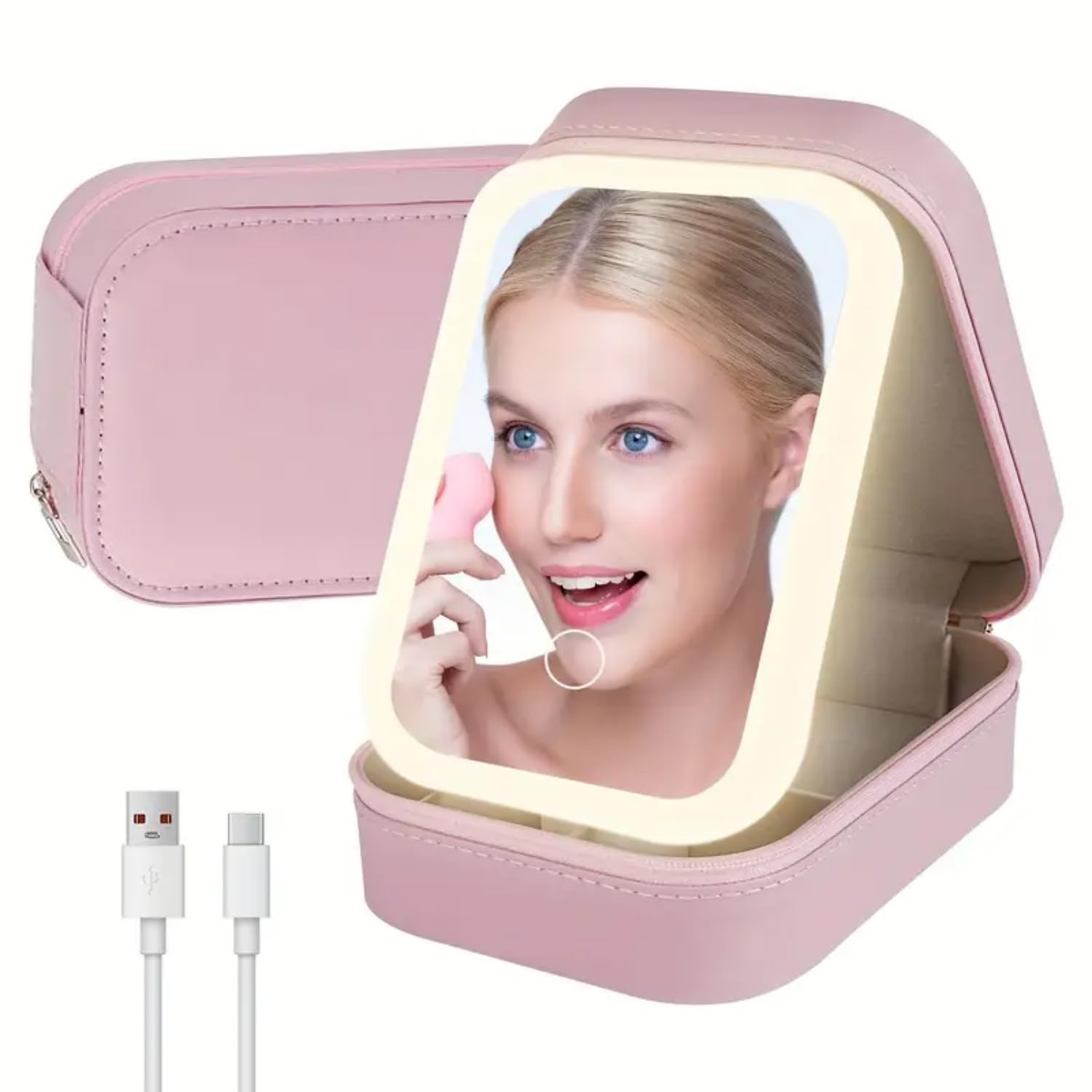 LED Lighted Makeup Mirror Jewelry Box – Portable 2-in-1 Travel Organizer with Adjustable Lighting, Cosmetic Storage & Rechargeable Battery – Compact Vanity Mirror for Women (Pink)-image-18