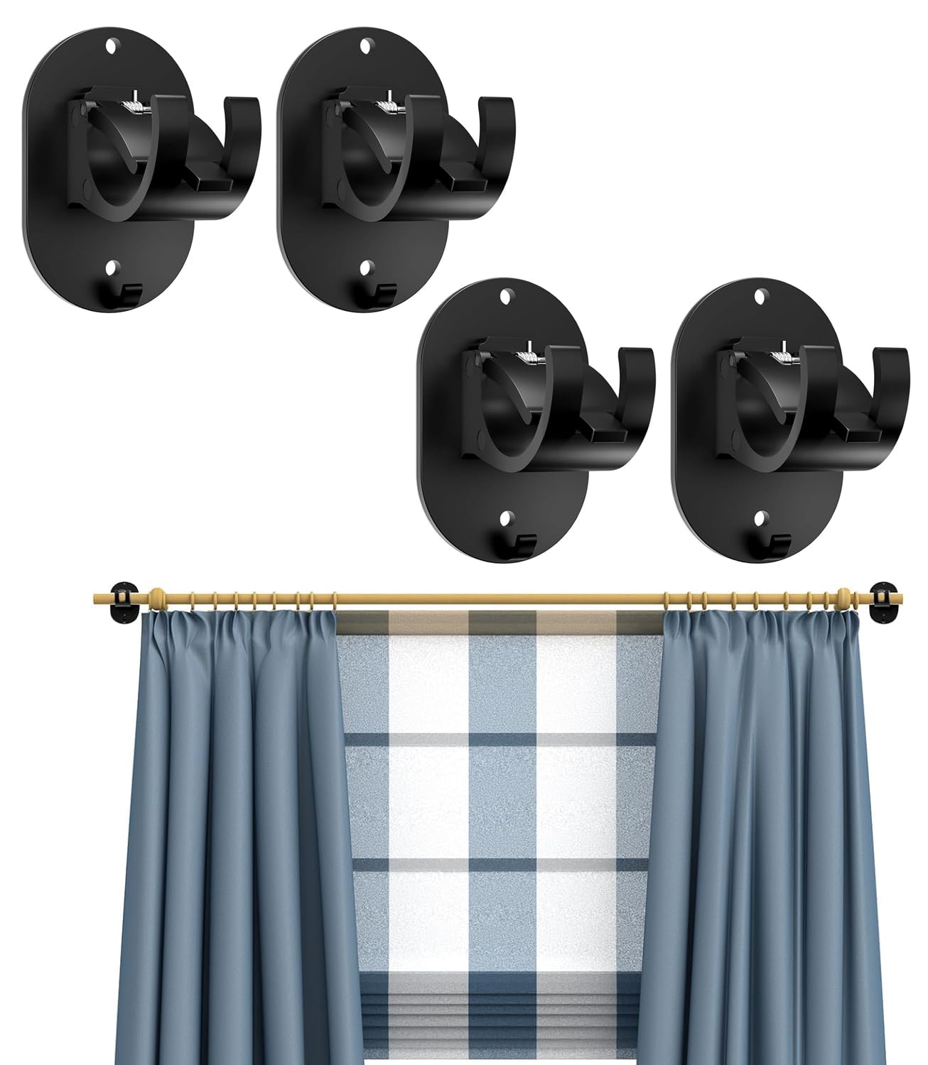 Barra de cortina sin taladrar, 4 unidades, soporte para barra de cortina sin agujeros, color negro, barra de cortina adhesiva, gancho adhesivo, soporte ajustable para barra de cortina para baño, hotel