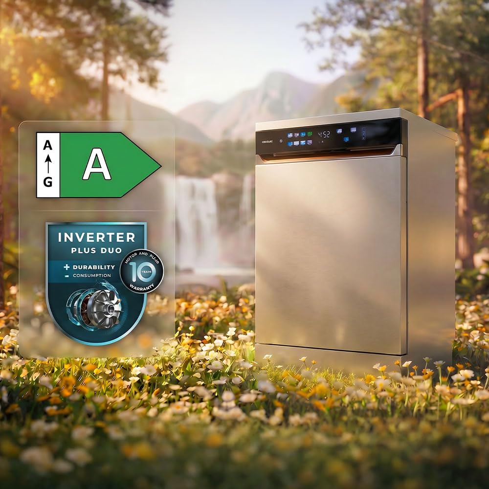 Cecotec Geschirrspüler Bolero Aguazero 6900 Edelstahl. 60 Cm Spülmaschine, 15 Maßgedecke, 8 Programme, Energieeffizienzklasse A, Dual Zone Wash, Inverter Plus Motor, UV Hygiene, Leiser Betrieb