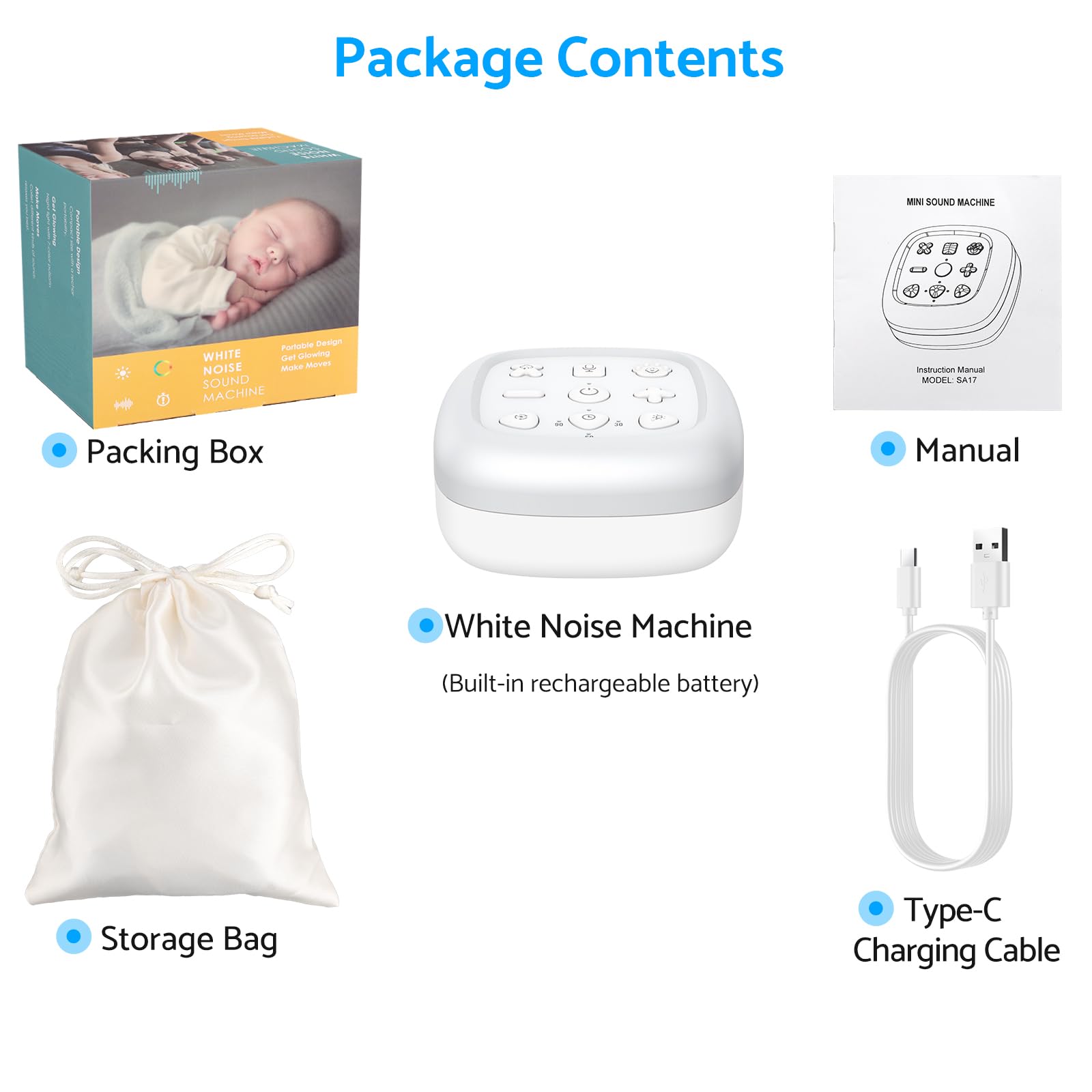 eSynic Mini Veilleuse Bruit Blanc Machine à Sommeil Machine à Bruit Blanc Portable pour Bébé, 30 Sons de Sommeil et 7 Couleurs de Lumière de Nuit pour Bébé