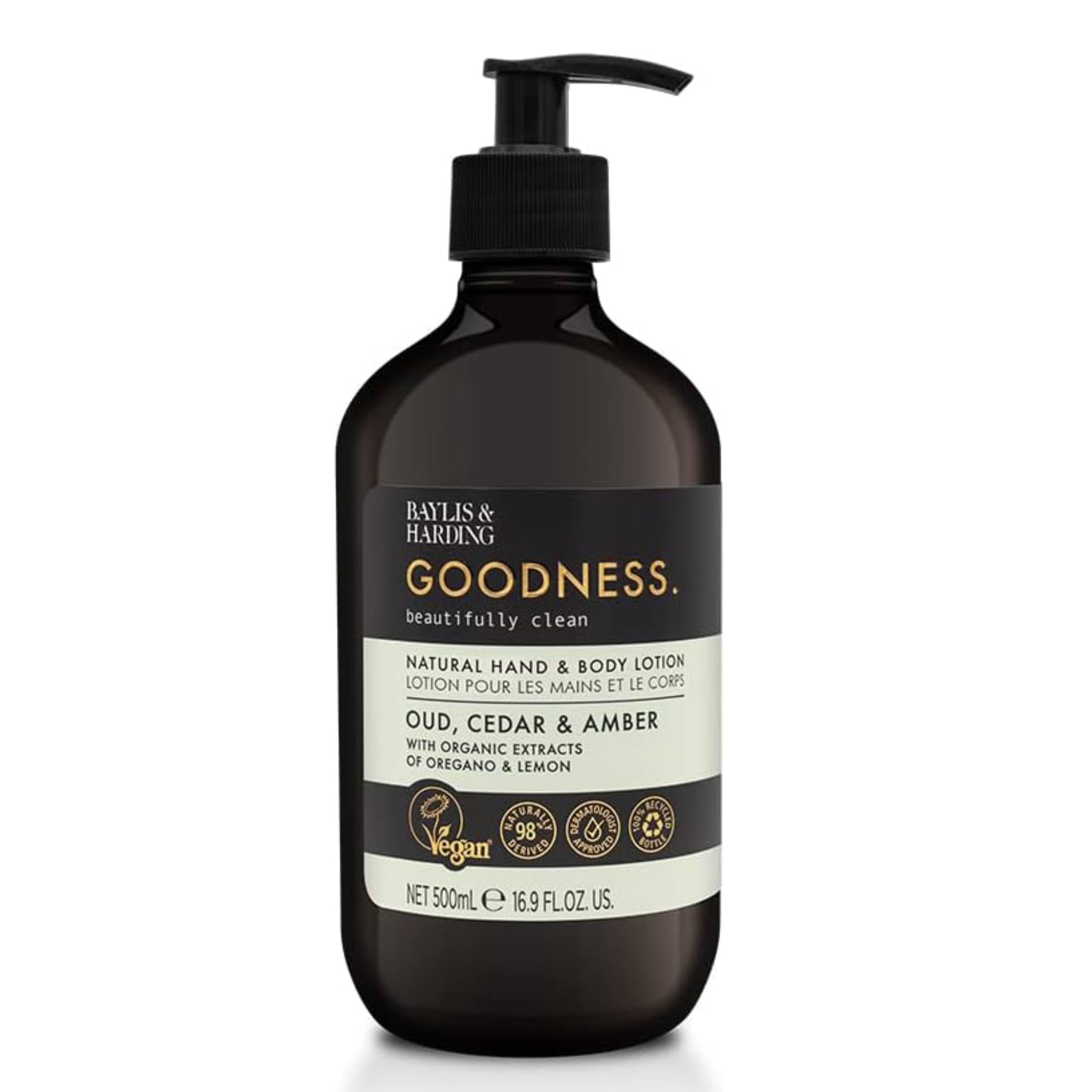 Baylis & Harding Goodness Natural Hand & Body Lotion Oud, Cedar & Amber 500ml - Luxurious Moisturizing Lotion for Dry Skin - Vegan & Cruelty-Free Skincare