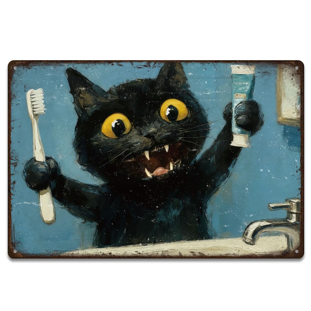SUPERDANT Bathroom Metal Signs Cat Brushing Teeth Tin Signs Cute Black Cat Wall Plaques Funny Bathroom Poster Art for Restroom Toilet Vintage Decor Gift for Cat Lover 30x20cm