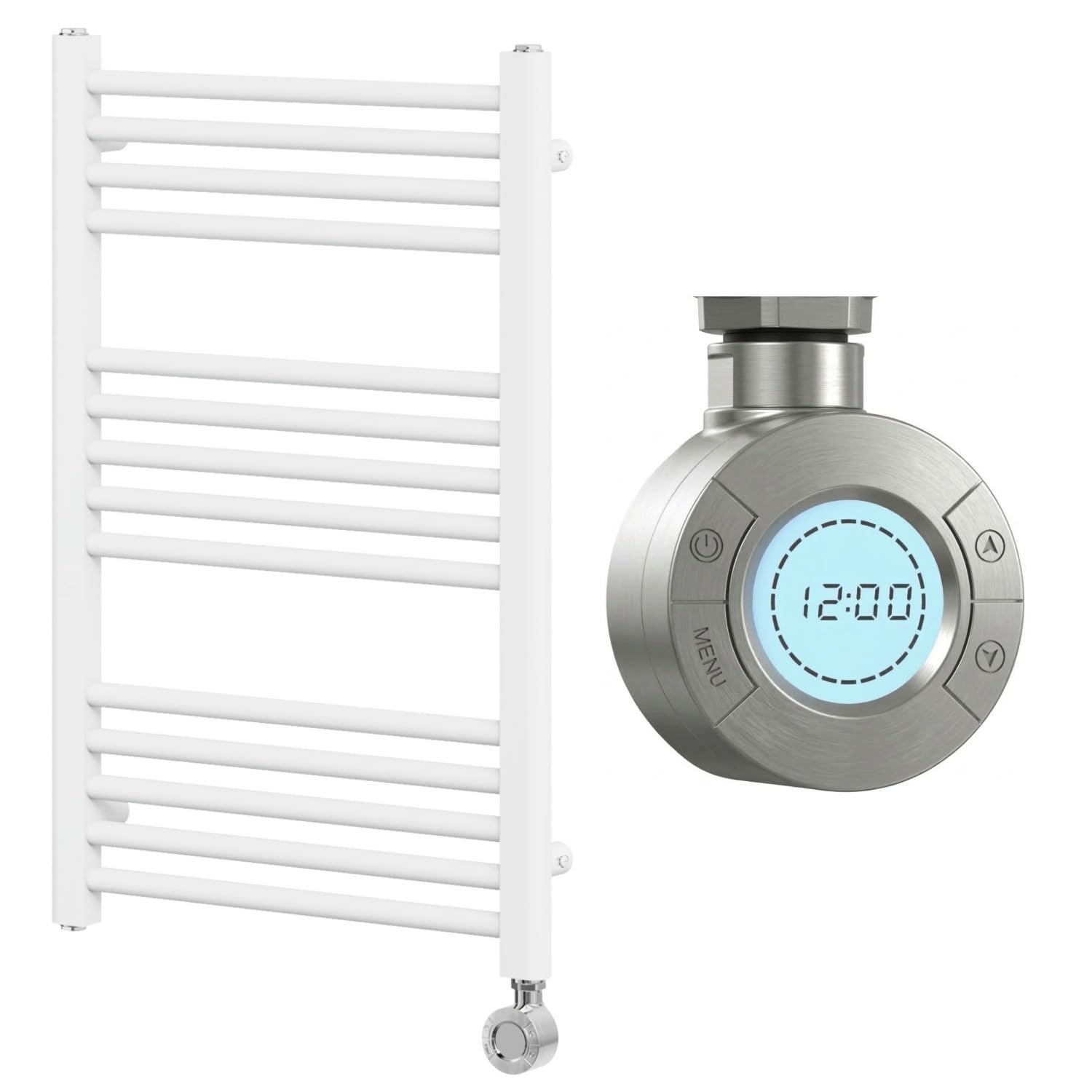Go Bathrooms Nola 770 x 500mm Electric Heated Towel Rail White Smart Bathroom Radiator Wall Mounted Ladder Rack Energy Efficient Electric Towel Warmer 300 Watts