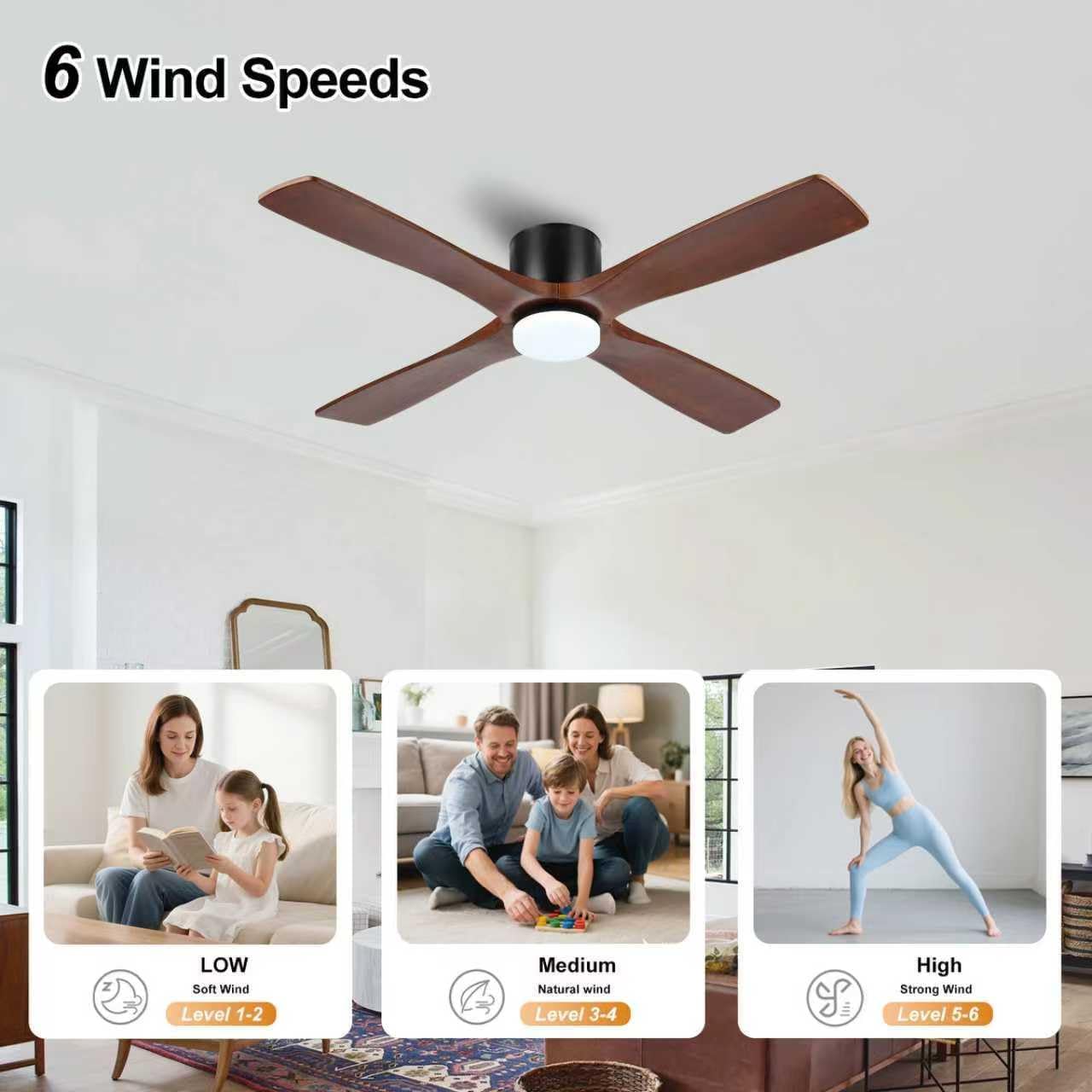 54" Ceiling Fans with Lights -Modern Low Profile Flush Mount Ceiling Fan, 6-Speed Remote, 3CCT,4 Solid Wood Blades, Quiet DC Motor, for Bedroom, Living Room, Matte Black Finish with Walnut Blades