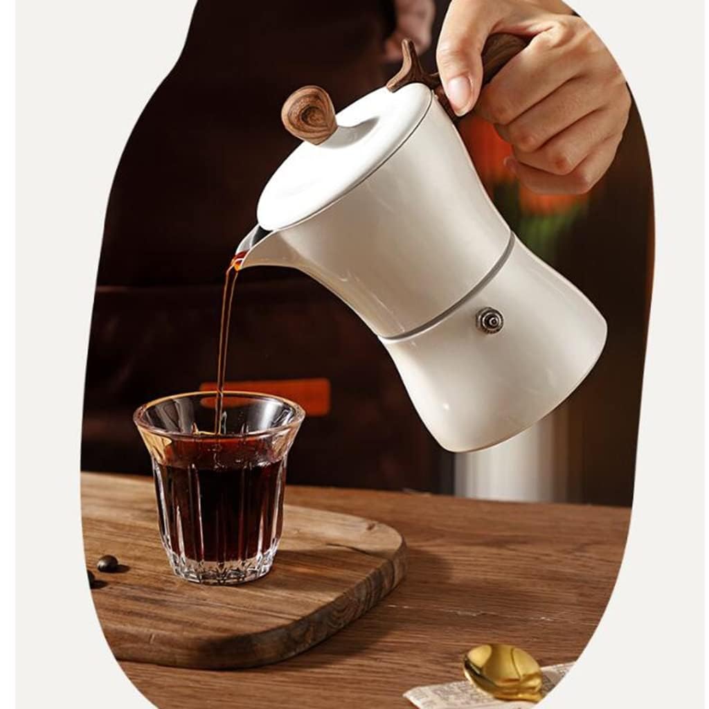 Estufa italiana para café expreso, cafetera de aluminio de 3 tazas, cafetera Moka con mango de madera (blanco)