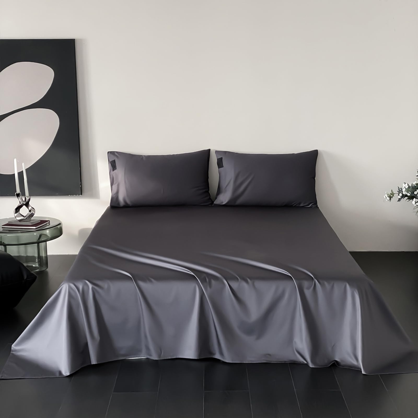 Drap plat 180x230cm gris foncé en coton pour lit double uni