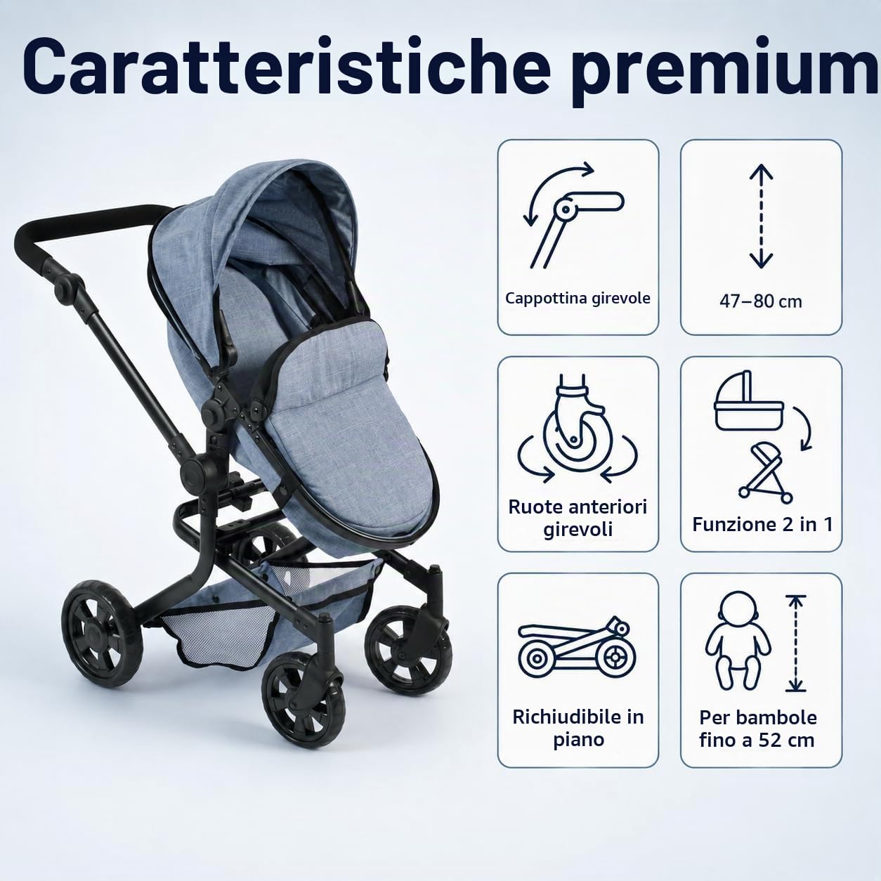 Bayer Chic 2000 - Passeggino per bambole Mika, passeggino combinato 2 in 1 per bambini dai 4 agli 8 anni, jeans blu, ragazzi