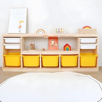 LITFAD Wooden Closed Back Kids Bookshelf Freestanding Bookcase Modern Display Cabinet Shelf with Drawers Children Toy Storage Cabinet for Bedroom, Living Room - 77" L x 12" W x 30" H Yellow