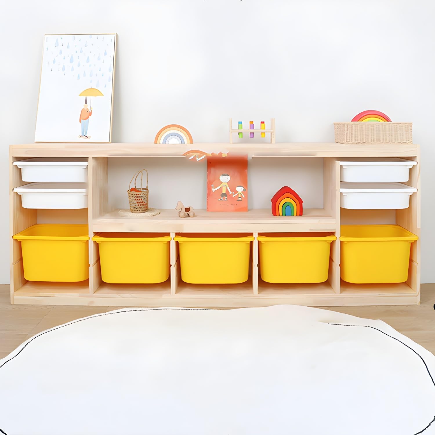 LITFAD Wooden Closed Back Kids Bookshelf Freestanding Bookcase Modern Display Cabinet Shelf with Drawers Children Toy Storage Cabinet for Bedroom, Living Room - 77" L x 12" W x 30" H Yellow