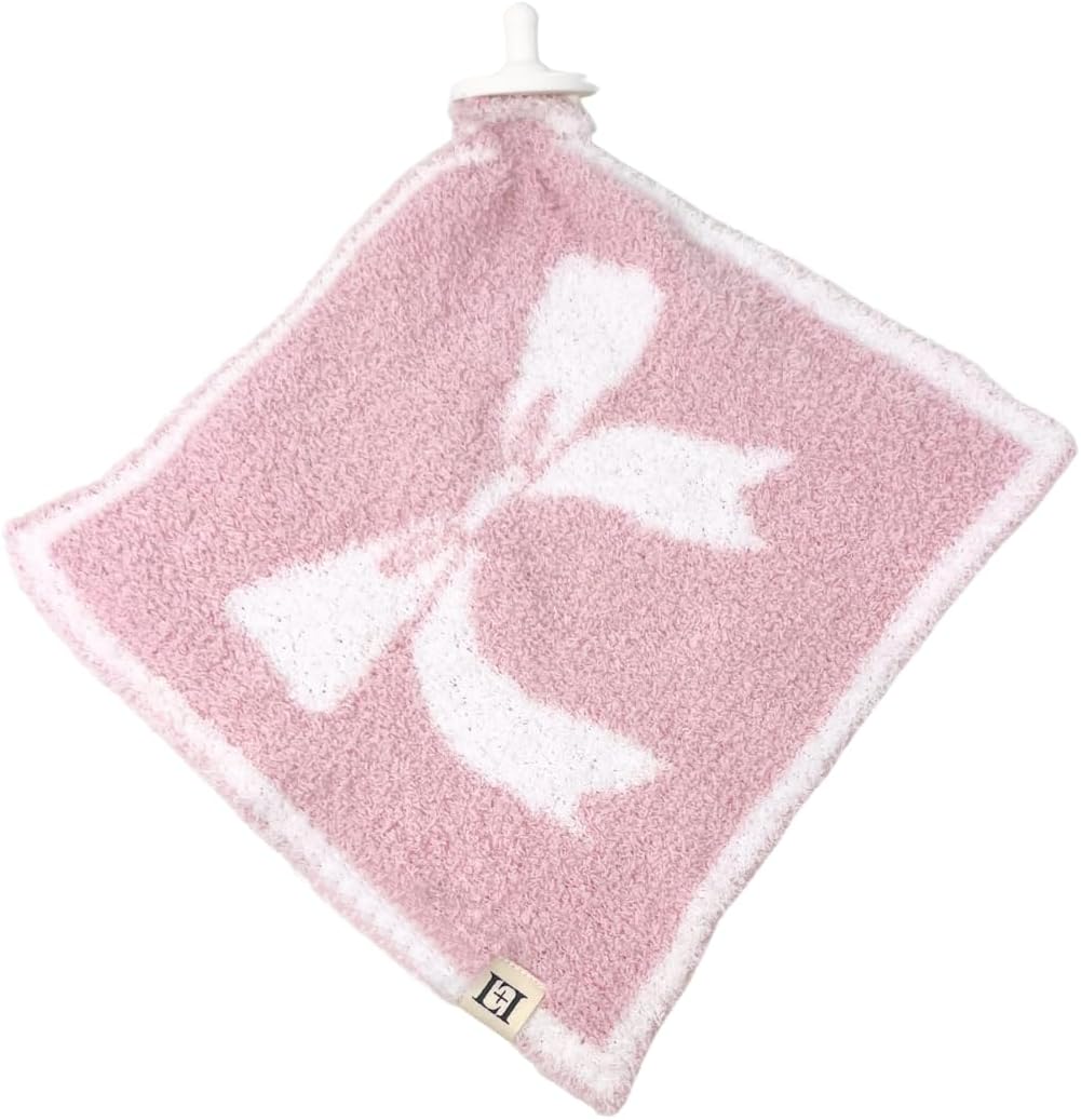 L+L USA Bow Baby Lovey Pacifier/Teether Holder 10"x10" - DreamSoft Plush Fluffy Cuddly Soothie Reversible Mini Comfort Blanket - Cute Girly Newborn Gift Essential for Babies Girls (Pink/White)