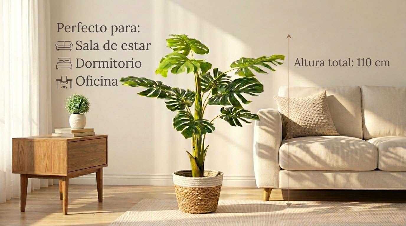 Monstera Artificial Grande 110 cm – Planta Decorativa para Salón Moderno, Planta Artificial Alta de Interior con Maceta Negra, Fácil Mantenimiento