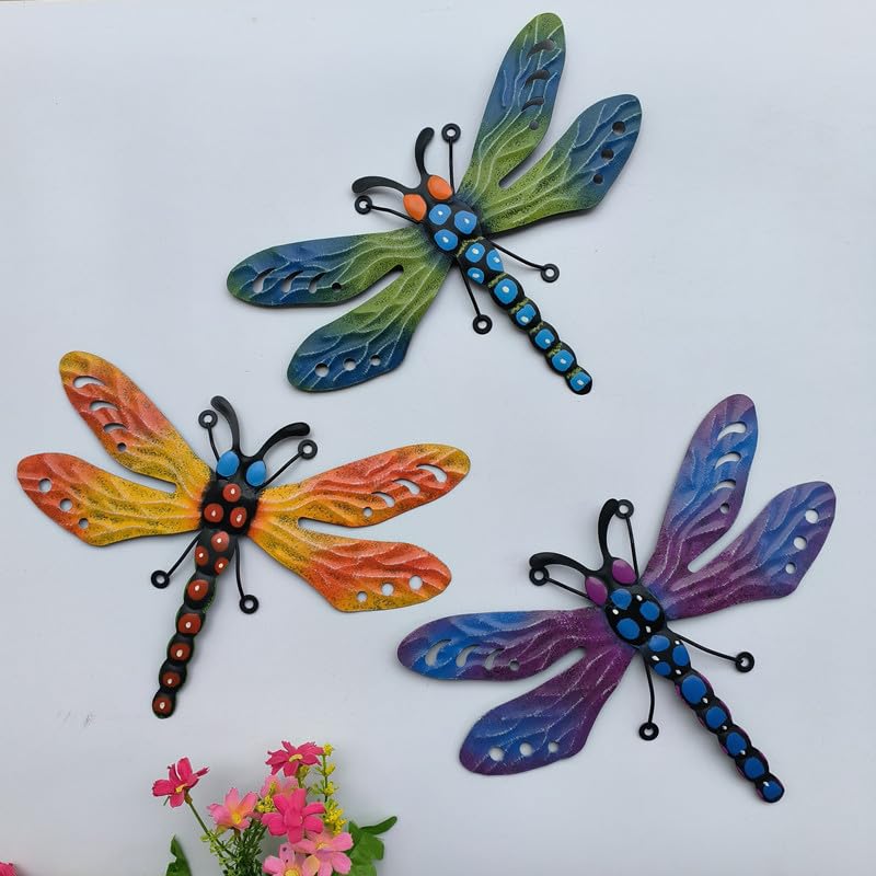 Metal Dragonfly Wall Decor 3 Pack 21x30cm Garden Outdoor Metal Wall Art for Patio Hanging Decorations Sculpture for Living Room Bedroom Bathroom Kitchen Fence Decor - Image 3