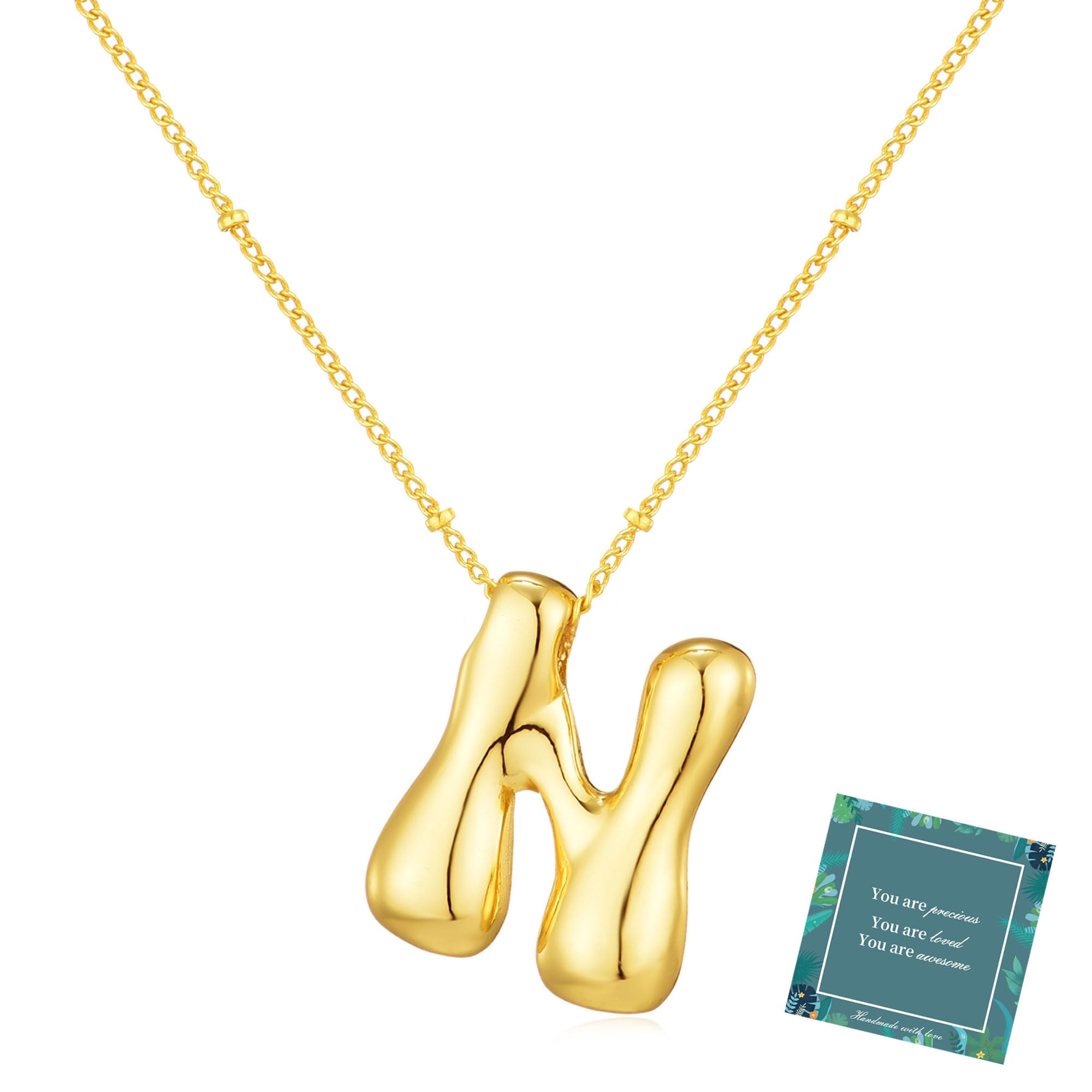Moiegouct 14K Gold Plated Bubble Letter Necklace 3D Initial Pendant with Beaded Chain Personalized Name Jewelry for Women