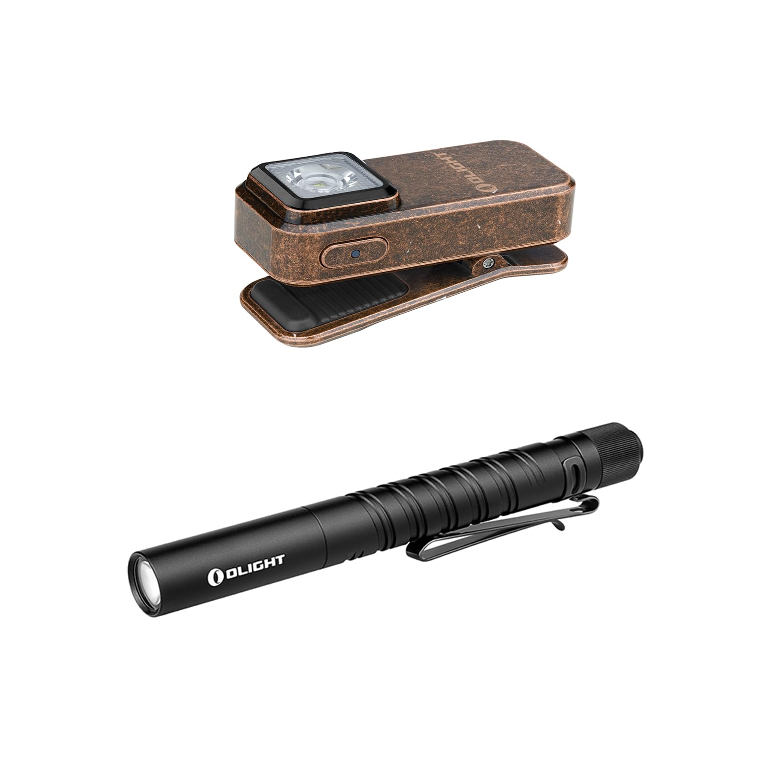 OLIGHTOclip Rechargeable EDC Flashlight 300 Lumens Dual Light Sources Compact Pocket Clip Light Bundle with I3T Plus 250 Lumens EDC Pocket Slim Flashlight with 2 AAA Batteries