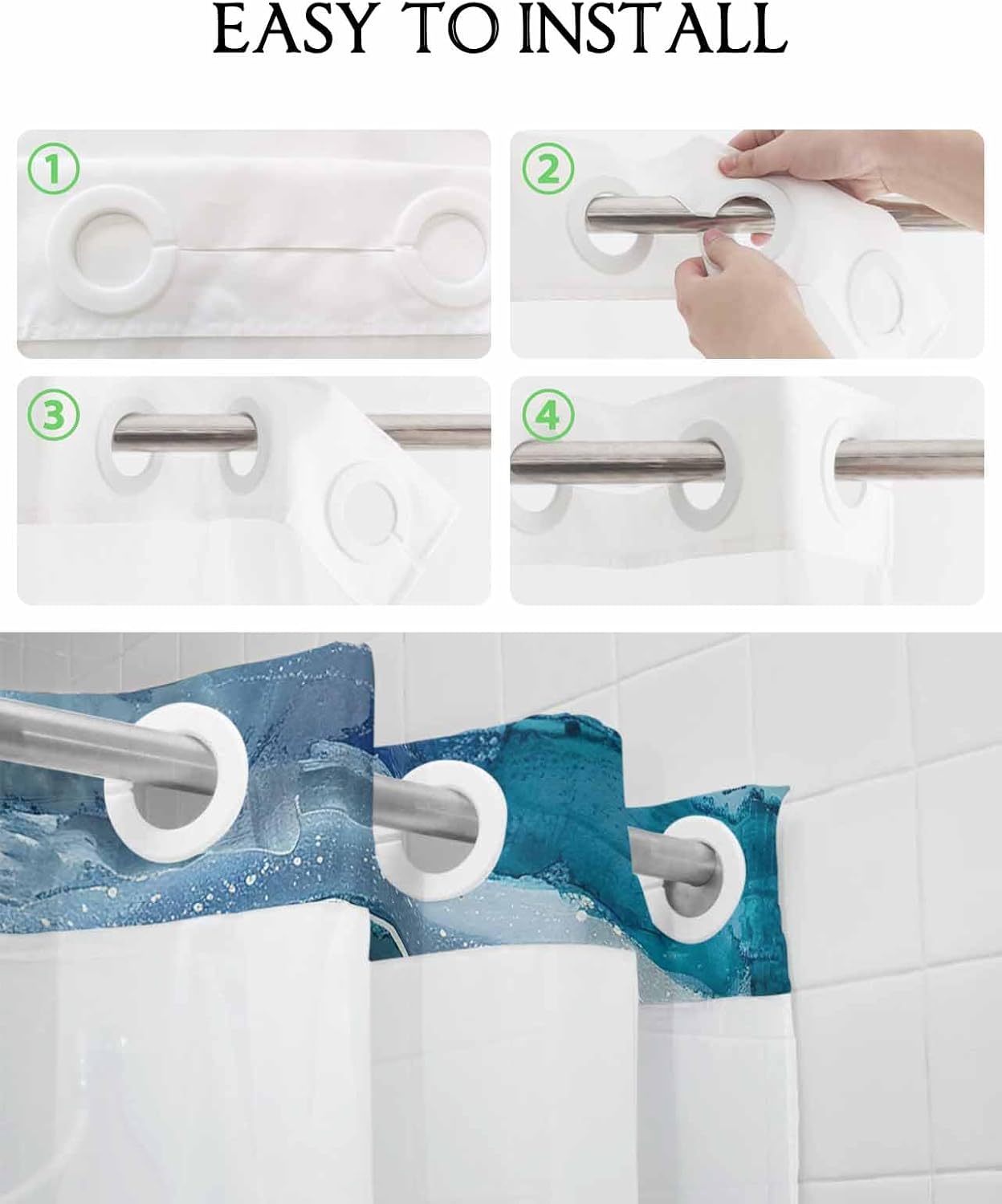 SEVENBABU Abstract No Hook Shower Curtain with Snap in Liner Waterproof Fabric Shower Curtain Set for Bathroom Abstract Ocean Wave Beach Ombre Blue Shower Curtain with See Through Top Window 72"x72"