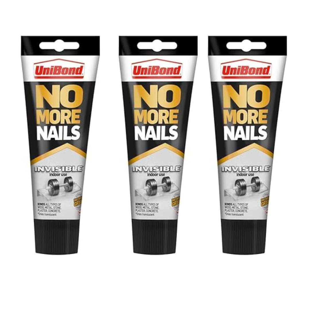 UniBond No More Nails Invisible, Heavy-Duty Clear Glue for Instant DIY mounting & repair jobs, Strong Glue for Wood, Ceramic, Metal, Concrete, Plaster, Brick etc, Interior use, no gun needed, 184g*3