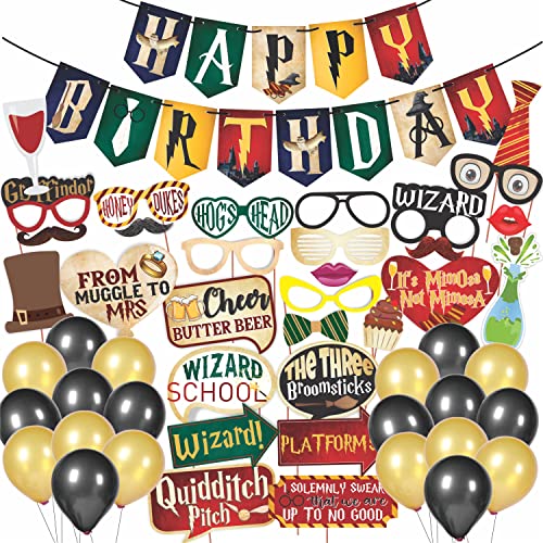 Image of WOBBOX Happy Birthday Combo Harry Potter Theme Party Props 29 Pcs with Colourful Harry Potter Theme Bunting Banner & Balloons, Birthday Decoration Item