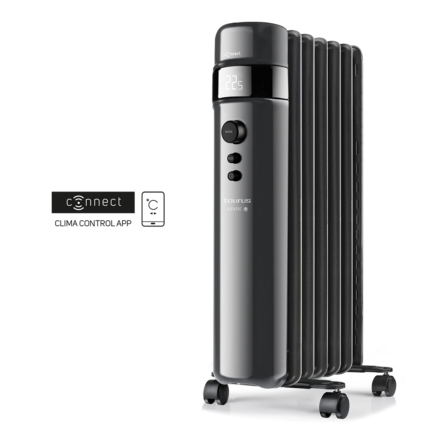 Taurus Alpatec Agadir Connect 1500 - Radiador de aceite inteligente, Wifi, APP, Controles por voz, 1500W, 3 intensidades, temperatura ajustable, modo ECO, ruedas, programable, 7 elementos, hasta 15m2