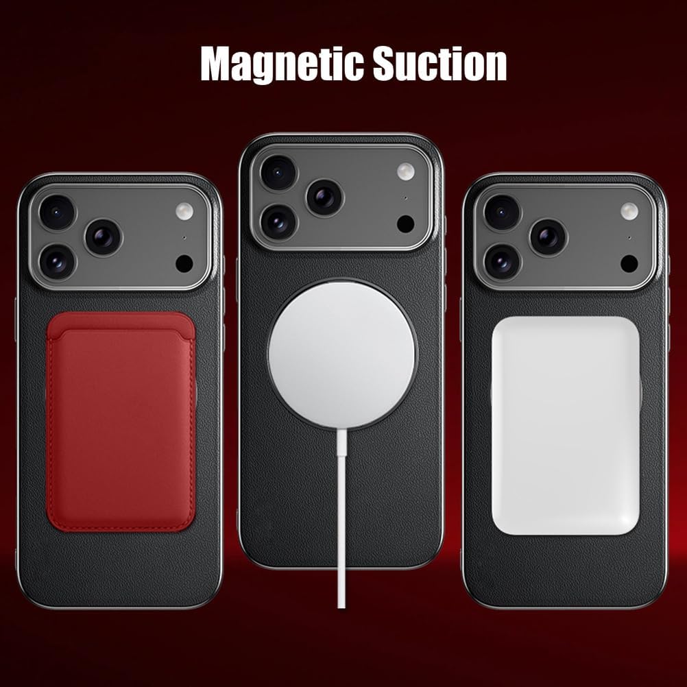 AXUEQIN-Magnetic Case for iPhone 17 Pro Max/17 Pro/17 Air/17, Slim Luxury Electroplate Genuine Leather Cover with Metal Ring Stand (17 ProMax,Red)