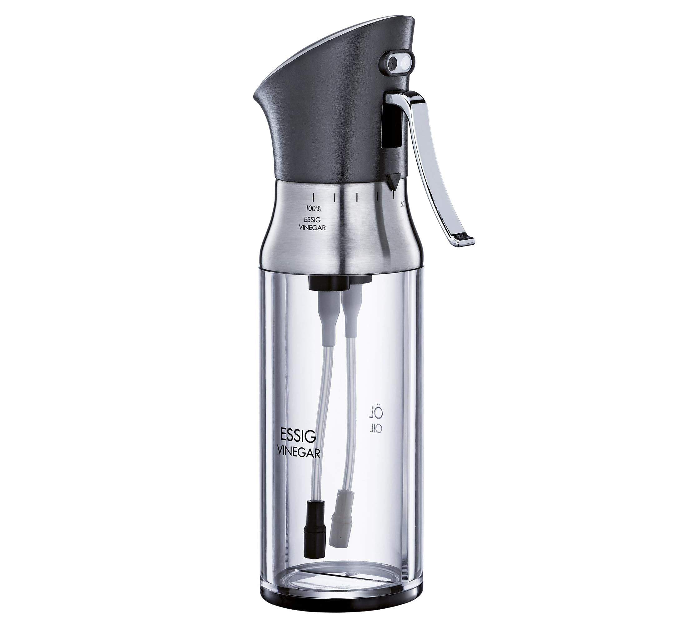 Küchenprofi 2in1 Essigsprüher/Ölspender SIENA | Olivenöl und Essig-Sprühflasche | Edelstahl/Glas | Ölspray-Flasche | Sparsames und exaktes Dosieren | Große Füllöffnung | 20,5 cm, je 95 ml