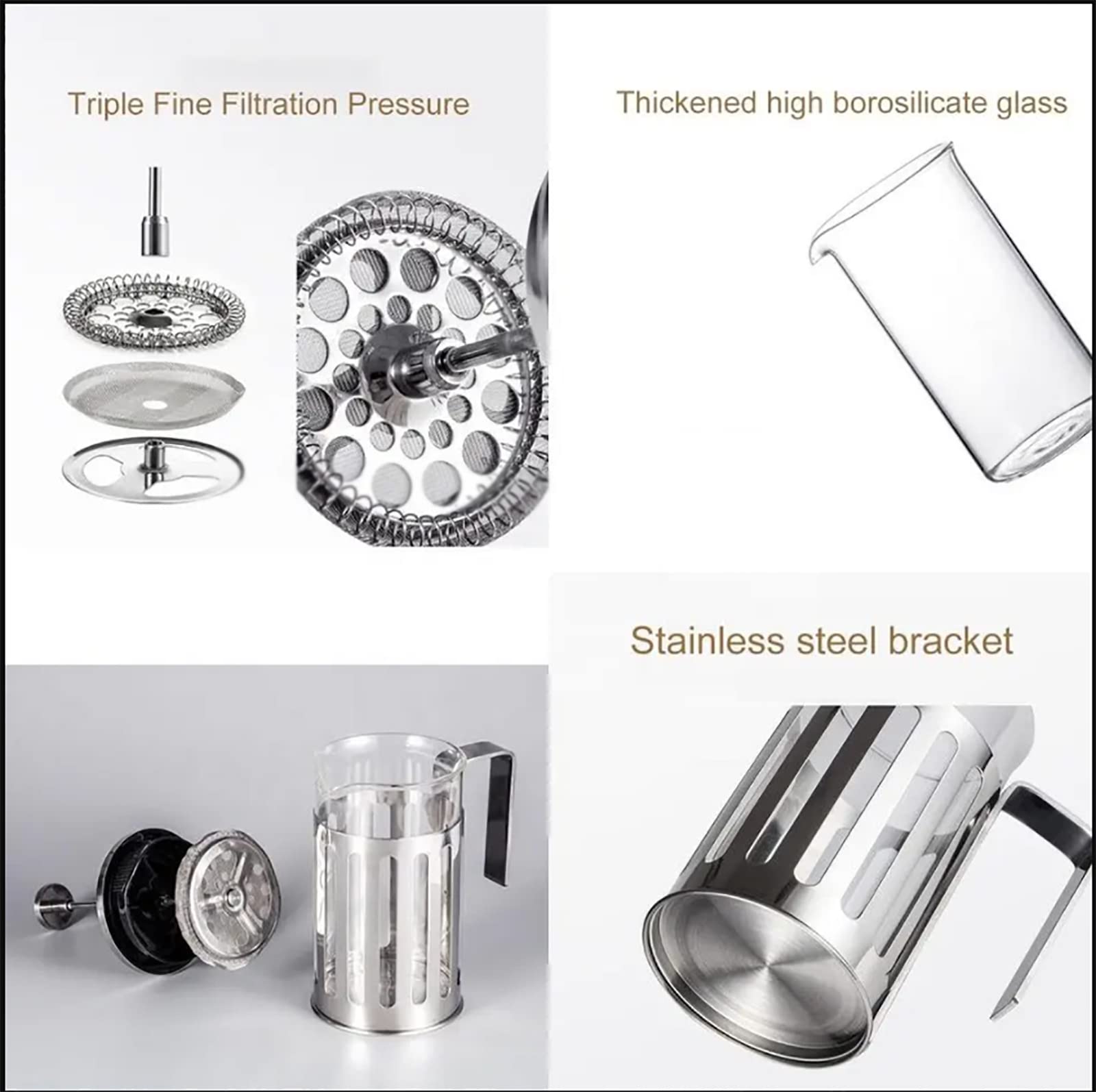 Cafetera De Prensa Francesa, Cafetera De 600 Ml con Triple Filtro De Acero Inoxidable, Alta Seguridad De Vidrio De Borosilicato Y Resistencia Al Calor, Agarre Cómodo, Ideal para Acampar Y Viajar