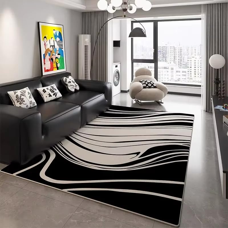 Tapis de salon noir et blanc 80x150 cm lavable et doux